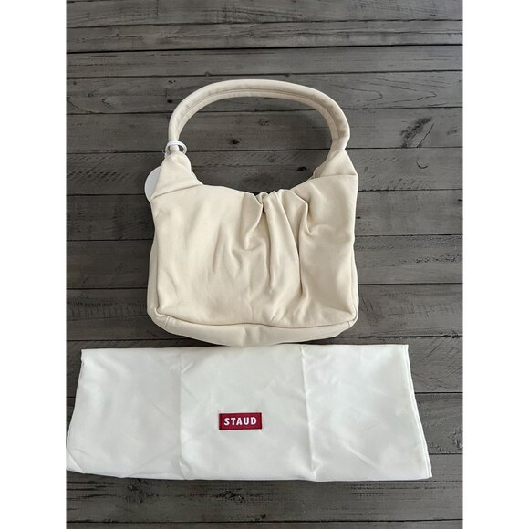STAUD Felix Ruched Leather Shoulder Bag in Cream NWT - Picture 2 of 13